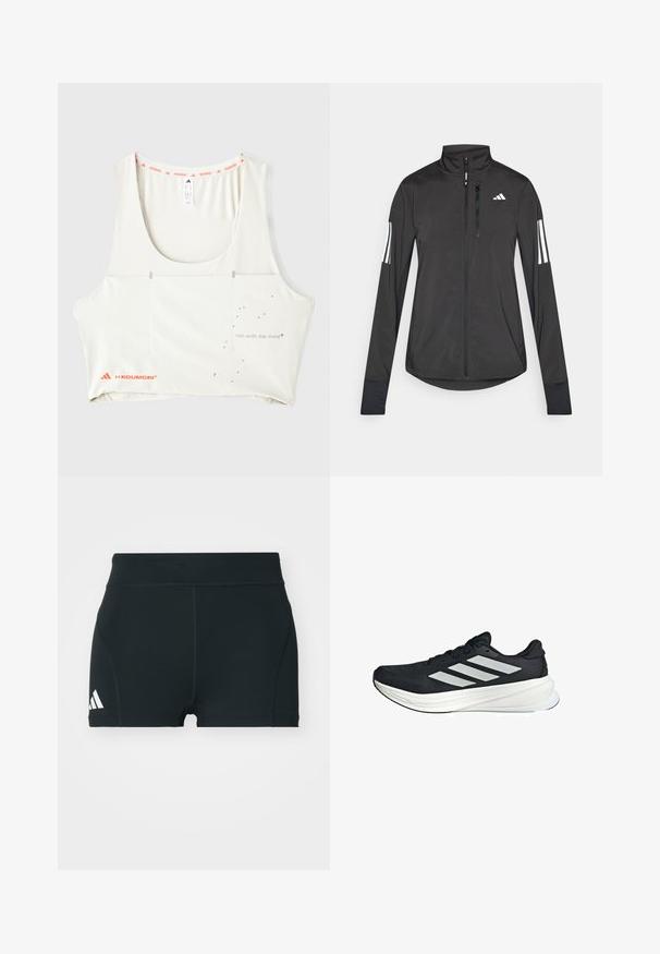 Schwarze Sportjacke aus leichtem Material. Mit einem Frontreißverschluss, hohem Kragen und drei weißen Streifen an jedem Ärmel.; Weißes Sporttanktop mit Rundhalsausschnitt, orangefarbenem Markenbesatz und metallisch bedrucktem Text "run with the mind". Verfügt über minimalistische Designelemente.; Schwarze Sportshorts aus elastischem Material, mit hohem Bund, taillierter Form und weißem Adidas-Logo auf der linken Seite.; Schwarzer Sportschuh mit einer strukturierten oberen Fläche, der drei weiße Streifen an der Seite und eine weiße Zwischensohle hat. Leichtes Design, stromlinienförmige Form.