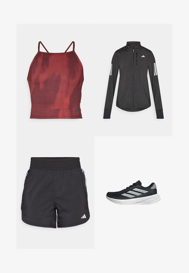 Chaqueta deportiva negra hecha de material ligero. Cuenta con una cremallera frontal, un cuello alto y tres franjas blancas en cada manga.; Top deportivo corto texturizado rojo con tirantes finos y un patrón sutil. Presenta un pequeño logo negro en la parte inferior derecha.; Pantalones cortos deportivos negros con cintura elástica, bolsillos laterales y detalles de rayas blancas en los lados. Hechos de un material ligero.; Zapatilla de correr negra con parte superior de malla, tres franjas plateadas, media suela blanca y suela texturizada. Incluye un cuello acolchado y cierre de cordones.