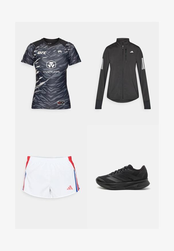 Crni sportski jakna napravljena od laganog materijala. Ima prednji zatvarač, visoki ovratnik i tri bijele pruge na svakoj rukavu.; Majica kratkih rukava, prilagođena tijelu, UFC u tamno sivoj boji s uzorkom tigrovih pruga, s logotipom na prsima i kontrastnim crnim ramenima.; Bijele sportske kratke hlače s crvenim bočnim panelima koji sadrže plave pruge. Elastična pojas i logo na donjoj lijevoj strani. Glatka tekstura tkanine.; Crne trkaće tenisice s prozračnom mrežastom gornjom konstrukcijom, zaobljenim prstima, elegantnim dizajnom, teksturiranim detaljima i mekanim potplatom za udobnost.