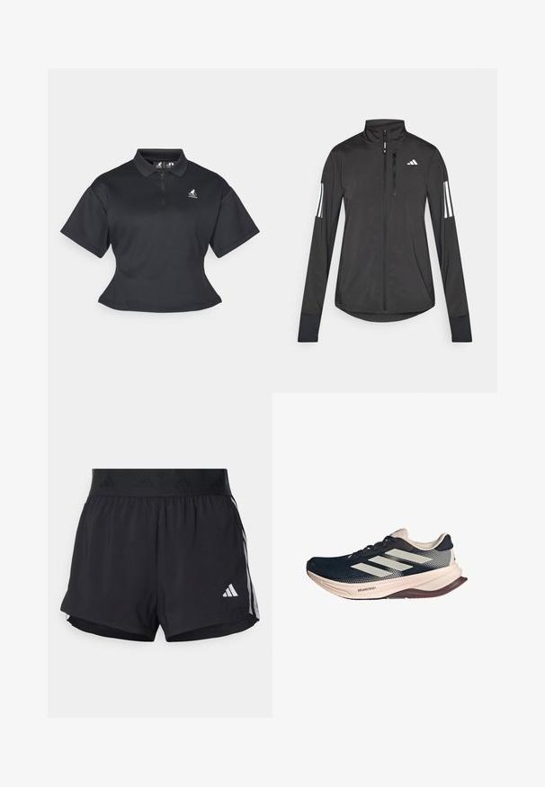 Černá atletická bunda vyrobená z lehkého materiálu. Má přední zip, vysoký límec a tři bílé pruhy na každém rukávu.; Černá zkrácená polo košile s krátkým rukávem, s půleným zipem na krku, logem na hrudi a hladkou, elastickou texturou.; Černé sportovní šortky s elastickým pasem, s texturovaným páskem, bočními pruhy a bílým logem Adidas na dolním lemu.; Běžecká obuv s tmavě modrým síťovaným svrškem, světle béžovou podešví a bílým trojpruhovým designem. Vyznačuje se štíhlým, aerodynamickým tvarem a texturovanými akcenty.