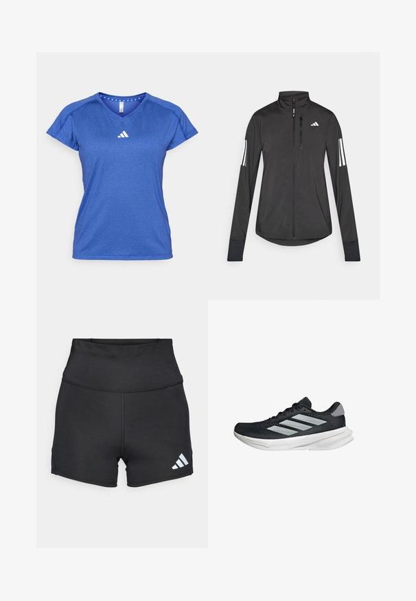 Black athletic jacket made of lightweight material. Features a front zipper, high collar, and three white stripes on each sleeve.; adidas Performance Sports T-shirt - semi lucid blue; adidas Performance Leggings - black; Black running shoe with mesh upper, three silver stripes, white midsole, and textured outsole. Features padded collar and lace closure.