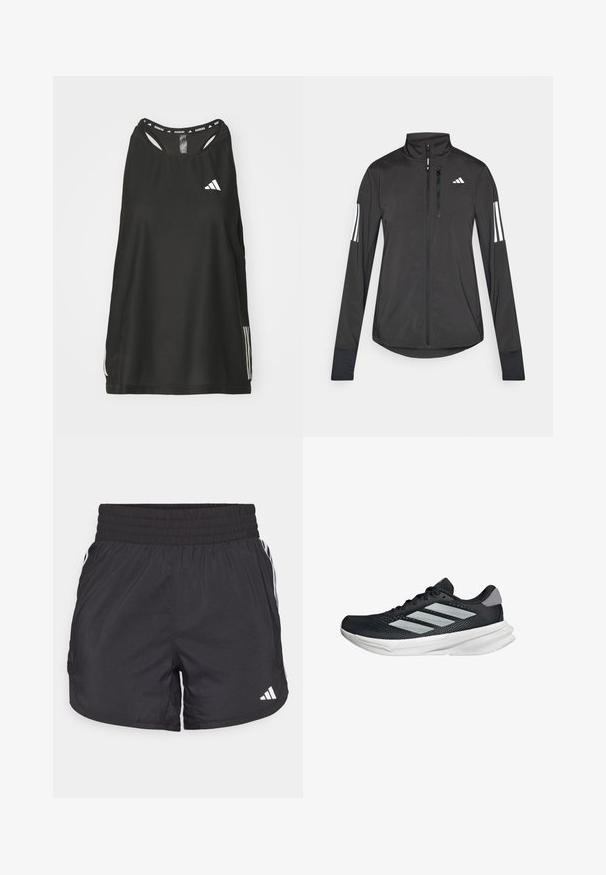 Musta urheilutakki, joka on valmistettu kevyestä materiaalista. Ominaisuuksiin kuuluu etuvetoketju, korkea kaulus ja kolme valkoista raitaa joka hihassa.; Musta urheilullinen hihaton toppi, jossa on pyöreä pääntie. Sisältää valkoisen logon ja kolme valkoista raitaa sivuilla; valmistettu hengittävästä kankaasta.; Mustat urheilushortsit, joissa on joustava vyötärö, sivutaskut ja valkoiset raidat sivuilla. Valmistettu kevyestä materiaalista.; Musta juoksukenkä, jossa on verkko-osa ylhäällä, kolme hopeista raitaa, valkoinen välipohja ja teksturoitu pohja. Varustettu pehmustetulla nilkkaremmeillä ja nauhakiinnityksellä.
