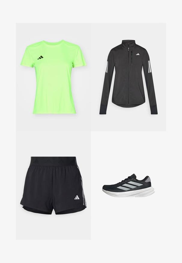 Musta urheilutakki, joka on valmistettu kevyestä materiaalista. Ominaisuuksiin kuuluu etuvetoketju, korkea kaulus ja kolme valkoista raitaa joka hihassa.; adidas Performance ADIZERO TEE - Tekninen t-paita - lucid lemon; Mustat urheilushortsit, joissa on joustava vyötärö, jossa on teksturoitu nauha, sivuraidat ja valkoinen Adidas-logo alahelman kohdalla.; Musta juoksukenkä, jossa on verkko-osa ylhäällä, kolme hopeista raitaa, valkoinen välipohja ja teksturoitu pohja. Varustettu pehmustetulla nilkkaremmeillä ja nauhakiinnityksellä.