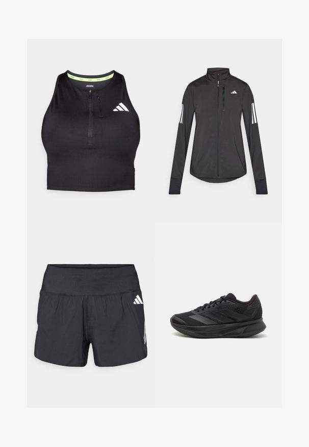 Zwarte sportjack gemaakt van lichtgewicht materiaal. Voorzien van een ritssluiting aan de voorkant, hoge kraag en drie witte strepen op elke mouw.; Zwarte atletische crop top met een ritssluiting aan de voorkant, gemaakt van gladde stof. Heeft een groene binnenhalslijn en een wit logo aan de zijkant.; Zwarte sportshorts met een brede elastische tailleband, lichtgewicht stof en witte logo-accenten aan de onderkant zijkant.; Zwarte hardloopschoen met een ademende mesh bovenkant, ronde neus, slank ontwerp, textuuraccenten en een gevoerde zool voor comfort.