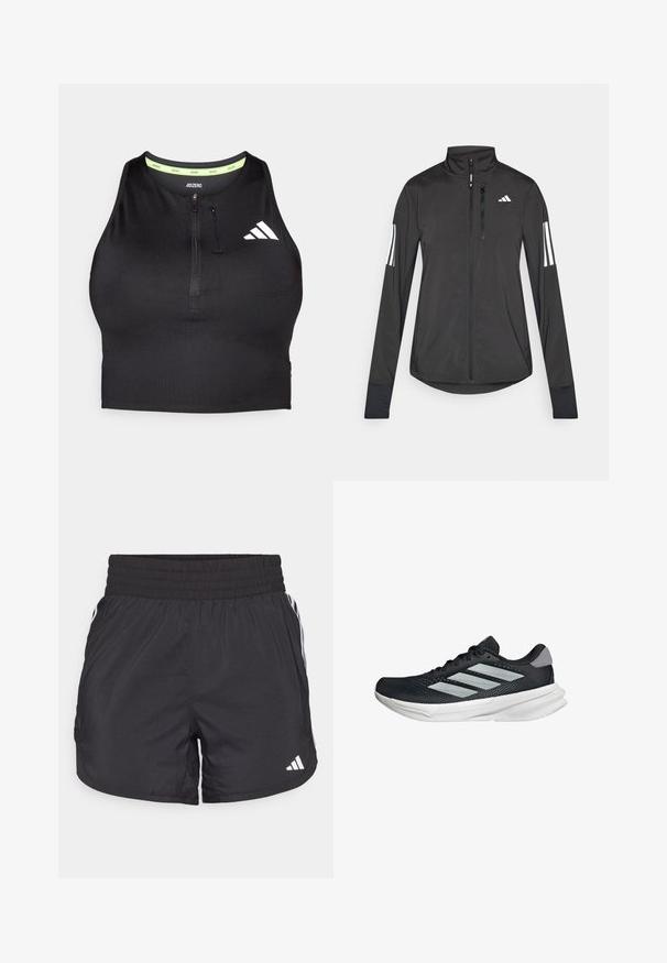 Czarna sportowa kurtka wykonana z lekkiego materiału. Posiada zamek błyskawiczny z przodu, wysoki kołnierz oraz trzy białe paski na każdym rękawie.; Czarny sportowy top krótki z zamkiem z przodu, wykonany z gładkiego materiału. Posiada zieloną wewnętrzną linię dekoltu oraz białe logo po boku.; Czarne spodenki sportowe z elastycznym paskiem w talii, bocznymi kieszeniami oraz białymi akcentami wzdłuż boków. Wykonane z lekkiego materiału.; Czarny but biegowy z siateczkowym wierzchem, trzema srebrnymi paskami, białą podeszwą środkową i teksturowaną podeszwą zewnętrzną. Posiada wyściełany kołnierz i zapięcie na sznurówki.