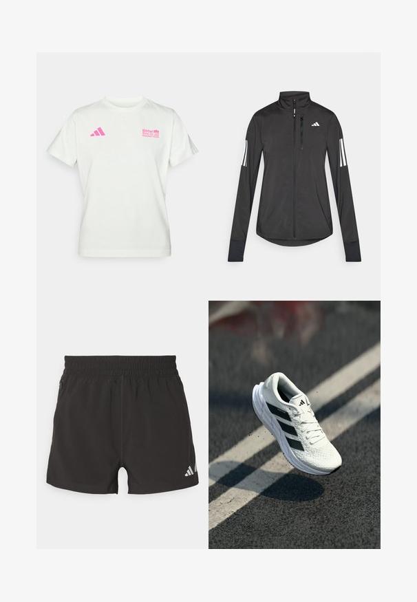 Fekete sportos dzseki könnyű anyagból. Elöl cipzárral, magas gallérral és minden ujjon három fehér csíkkal rendelkezik.; Fehér, rövid ujjú póló pink Adidas logóval a bal mellen és BMW Berlin Maraton logóval a jobb mellen.; Fekete sportnadrág, könnyű anyagból készült. Rugalmas derékrésszel, oldalsó cipzáros zsebbel és fényvisszaverő logóval rendelkezik az alján.; Fehér futócipő texturált felsőrészsel, fekete háromsávos dizájnnal, párnázott nyakkal és könnyű talppal, levegőben helyezkedik el egy útfelület felett.
