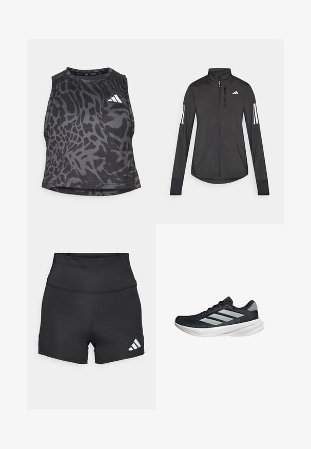 Černá atletická bunda vyrobená z lehkého materiálu. Má přední zip, vysoký límec a tři bílé pruhy na každém rukávu.; Černý sportovní cropped top s texturovaným vzorem zvířecí kůže, kulatým výstřihem a malým bílým logem na přední straně.; adidas Performance Punčochy - black; Černé běžecké boty s vrchní částí z prodyšné síťoviny, třemi stříbrnými pruhy, bílou mezipodešví a texturovanou podešví. Obsahují polstrovaný límec a šněrování.