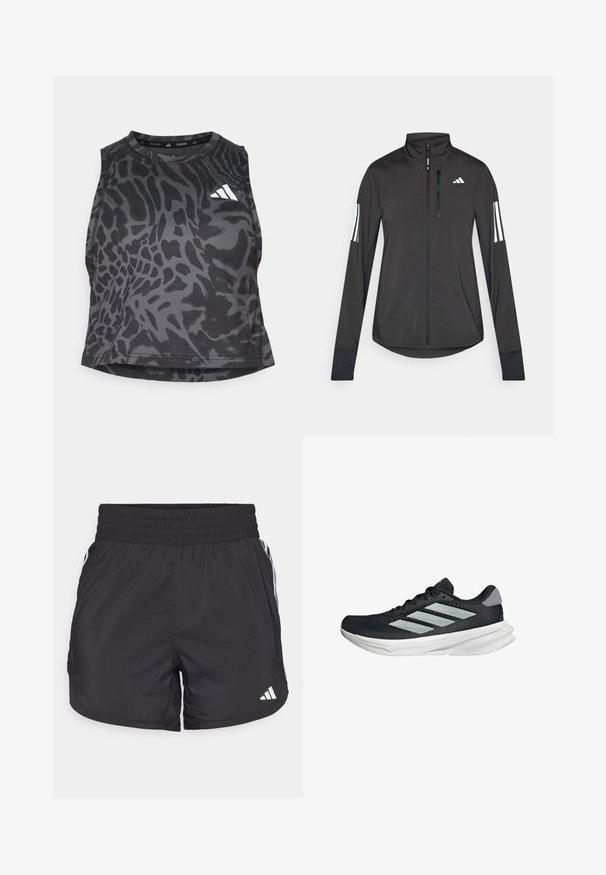 Zwarte sportjack gemaakt van lichtgewicht materiaal. Voorzien van een ritssluiting aan de voorkant, hoge kraag en drie witte strepen op elke mouw.; Zwarte atletische crop tanktop met een gestructureerd dierenprintontwerp, ronde halslijn en een klein wit logo aan de voorkant.; Zwarte sportieve shorts met een elastische tailleband, zijzakken en witte streepaccenten aan de zijkanten. Gemaakt van lichtgewicht materiaal.; Zwarte hardloopschoen met een mesh bovenzijde, drie zilveren strepen, witte middenzool en een gestructureerde loopzool. Heeft een gevoerde kraag en een vetersluiting.