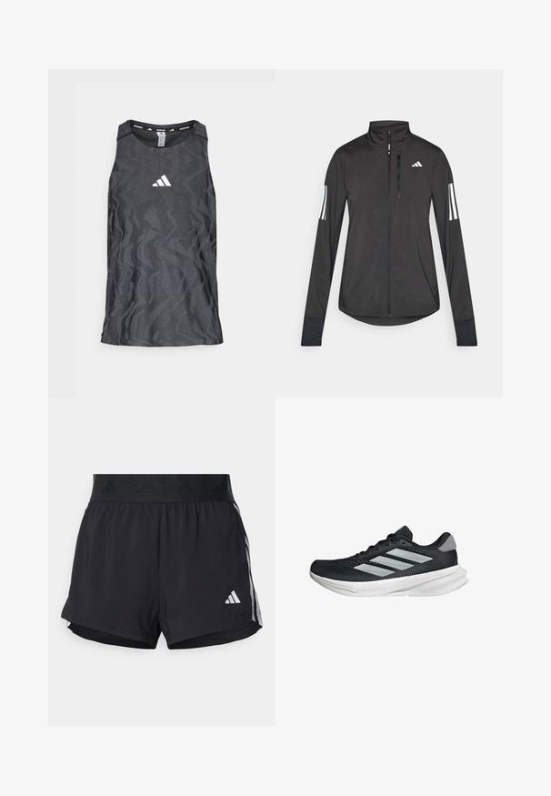 Čierna športová bunda vyrobená z ľahkého materiálu. Má zips vpredu, vysoký golier a tri biele pruhy na každom rukáve.; Čierny bežecký tank top s textúrovaným, cik-cak vzorom, s bielym logom Adidas v strede a klasikým výstrihom.; Čierne športové šortky s elastickým pásom, ktorý má textúrovanú pruh, bočné pruhy a biely logo Adidas na dolnom leme.; Čierna behacia obuv s vrchnou časťou z priedušného materiálu, tromi striebornými pruhmi, bielou medzipodrážkou a textúrovanou podrážkou. Obsahuje polstrovaný golier a uzatváranie na šnúrky.
