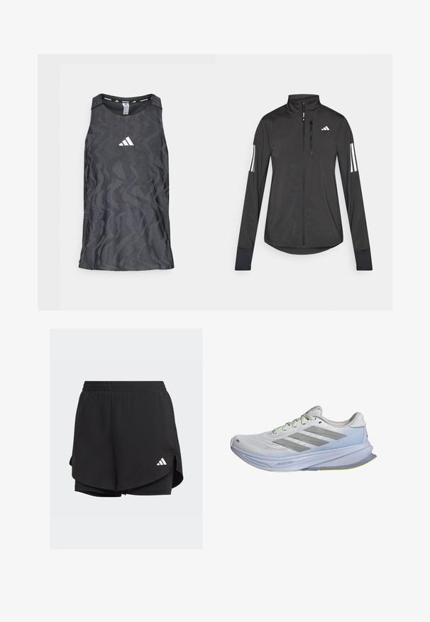 Giacchetto sportivo nero realizzato in materiale leggero. Presenta una chiusura frontale con zip, colletto alto e tre strisce bianche su ciascun manica.; Canotta da corsa nera con un motivo a zigzag testurizzato, caratterizzata da un logo Adidas bianco al centro e un collo a giro.; Shorts sportivi neri con cintura elastica, design a strati, pantaloni interni aderenti e un logo bianco sul lato sinistro inferiore.; Scarpe da corsa con superiore in mesh leggero di colore bianco, accentuate da strisce grigie. La suola presenta una leggera curvatura e evidenti dettagli in giallo neon.