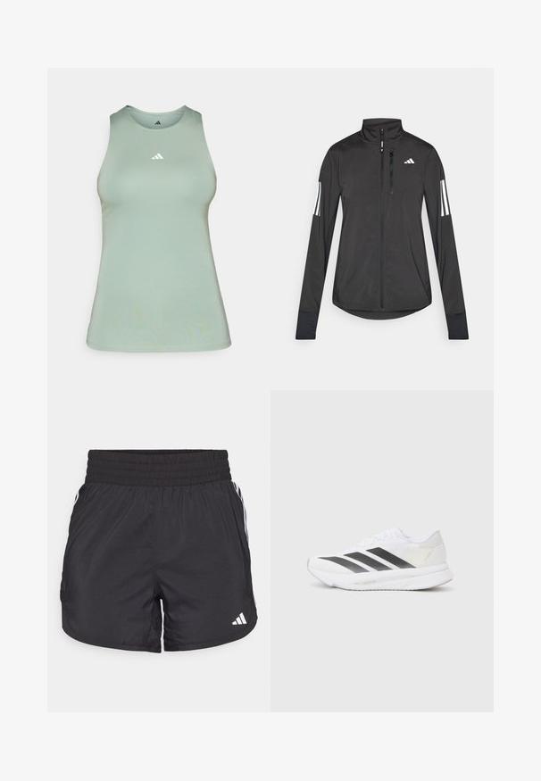 Fekete sportos dzseki könnyű anyagból. Elöl cipzárral, magas gallérral és minden ujjon három fehér csíkkal rendelkezik.; Világoszöld, sima anyagból készült ujjatlan felső, kerek nyakkal és egy kis fehér Adidas logóval a mellkasán. Testhezálló fazon.; Fekete sportnadrág elasztikus derékkal, oldalsó zsebekkel és fehér csíkkal az oldalán. Könnyű anyagból készült.; Fehér sportcipő fekete átlós csíkokkal, hálós felsőrésszel, lekerekített orral és texturált talppal. A kiegészítők között szerepel egy ezüst sarok és minimalista dizájn.