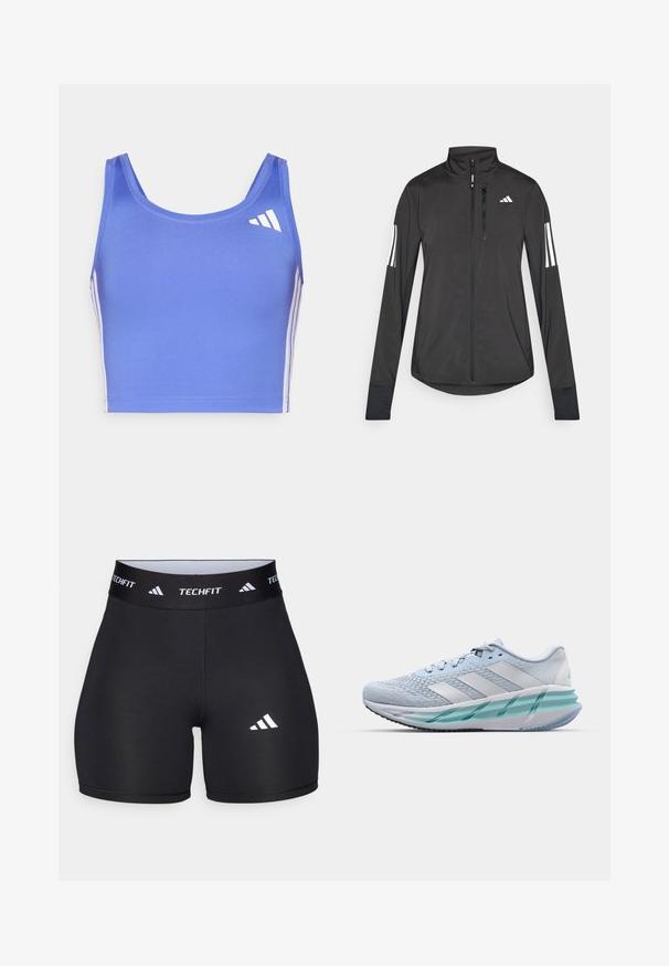 Black athletic jacket made of lightweight material. Features a front zipper, high collar, and three white stripes on each sleeve.; Light blue sports bra made of stretchy fabric, featuring a round neckline, wide straps, and white side stripes with a logo on the upper left.; Black shorts made from stretchy fabric with a fitted design. Features a wide black waistband labeled "TECHFIT" and a white logo on the leg.; Light blue athletic shoes with a textured knit upper, white accents, and a transparent green midsole. Rounded toe and padded collar.