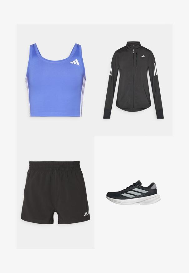 Giacchetto sportivo nero realizzato in materiale leggero. Presenta una chiusura frontale con zip, colletto alto e tre strisce bianche su ciascun manica.; Reggiseno sportivo blu chiaro realizzato in tessuto elasticizzato, con scollatura rotonda, spalline larghe e strisce laterali bianche con un logo nella parte superiore sinistra.; Shorts atletici neri realizzati in tessuto leggero. Presentano una vita elasticizzata, una tasca con zip laterale e un logo riflettente sull'orlo.; Scarpa da corsa nera con tomaia in mesh, tre strisce argentate, intersuola bianca e suola testurizzata. Presenta un colletto imbottito e chiusura con lacci.