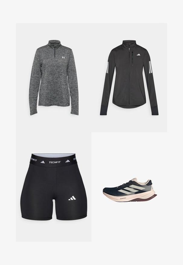 Black athletic jacket made of lightweight material. Features a front zipper, high collar, and three white stripes on each sleeve.; Gray long-sleeve quarter-zip pullover with a textured fabric and a small logo on the left chest area. Flat collar and straight hem design.; Black shorts made from stretchy fabric with a fitted design. Features a wide black waistband labeled "TECHFIT" and a white logo on the leg.; Running shoe with a dark blue mesh upper, light beige sole, and white three-stripe design. Features a sleek, aerodynamic shape and textured accents.