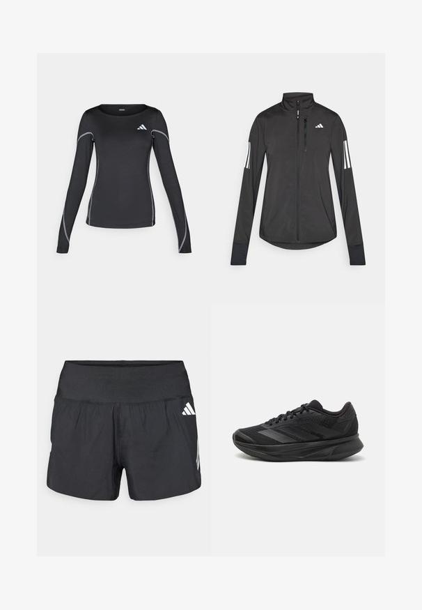 Crni sportski jakna napravljena od laganog materijala. Ima prednji zatvarač, visoki ovratnik i tri bijele pruge na svakoj rukavu.; Crna dugorukava sportska majica s okruglim izrezom i reflektirajućim srebrnim šavovima. Ima mali bijeli logo na gornjem lijevom dijelu.; Crne sportske kratke hlače s širokim elastičnim pojasom, laganom tkaninom i bijelim logotipom na donjoj strani.; Crne trkaće tenisice s prozračnom mrežastom gornjom konstrukcijom, zaobljenim prstima, elegantnim dizajnom, teksturiranim detaljima i mekanim potplatom za udobnost.