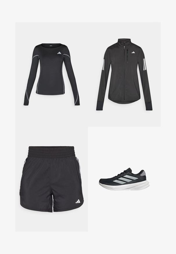 Black athletic jacket made of lightweight material. Features a front zipper, high collar, and three white stripes on each sleeve.; Black long-sleeve athletic shirt with a crew neckline and reflective silver stitching. Features a small white logo on the upper left.; Black athletic shorts with an elastic waistband, side pockets, and white stripe accents on the sides. Made of lightweight material.; Black running shoe with mesh upper, three silver stripes, white midsole, and textured outsole. Features padded collar and lace closure.