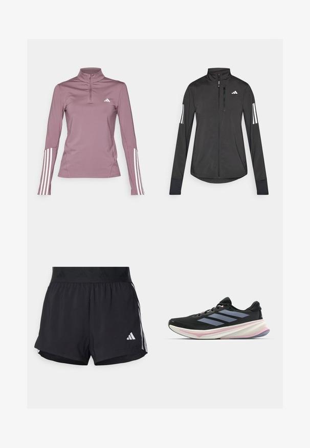 Sort atletisk jakke lavet af let materiale. Har en frontlynlås, høj krave og tre hvide striber på hver ærme.; adidas Performance 1/4 ZIP - Langærmet T-shirt - shadow fig/white; Sorte sport shorts med elastisk talje, der har et tekstureret bånd, sidestreger og et hvidt Adidas-logo på den nederste kant.; Sort løbesko med mesh-overdel, lyse lilla accenter og tre horisontale grå striber. Har en polstret sål for komfort.