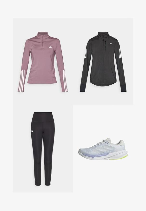 Musta urheilutakki, joka on valmistettu kevyestä materiaalista. Ominaisuuksiin kuuluu etuvetoketju, korkea kaulus ja kolme valkoista raitaa joka hihassa.; adidas Performance 1/4 ZIP - Pitkähihainen paita - shadow fig/white; Musta korkeavyötäröinen legginssit joustavasta kankaasta. Vasemmalla puolella valkoinen logo ja tyylikäs, saumaton muotoilu. Silkkinen pinta.; Valkoinen urheilukenkä, jossa on hengittävä verkkomateriaali, teksturoidut yksityiskohdat ja laventelinvärinen korostus. Varustettu pehmustetulla pohjalla, jossa on vihreät ulkopohjaton yksityiskohdat.
