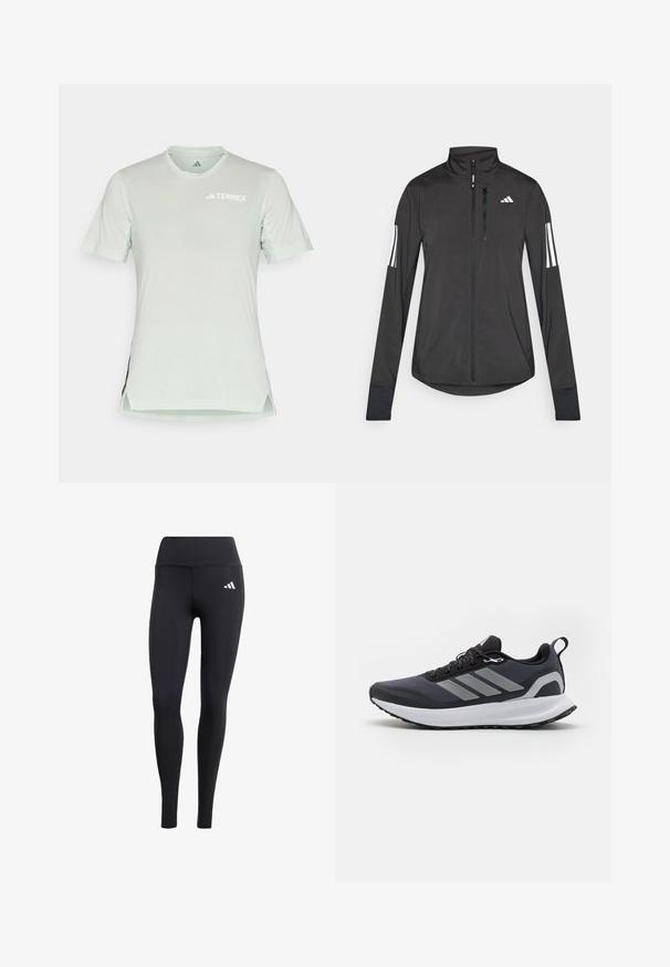 Svart treningsjakke laget av lett materiale. Har glidelås foran, høy krage og tre hvite striper på hver erme.; Lys mintgrønn T-skjorte med korte ermer og pustende mesh-detaljer, TERREX-logo i hvitt, rund hals, sidespalter og myk tekstur.; Svarte leggings laget av elastisk materiale, med høy midje og en liten hvit logo, med en glatt, matt finish.; Svart atletisk sko med nettingoverdel, hvit mellomsåle, strukturert gummisåle og tre grå striper på siden. Har lisser og en hempe.
