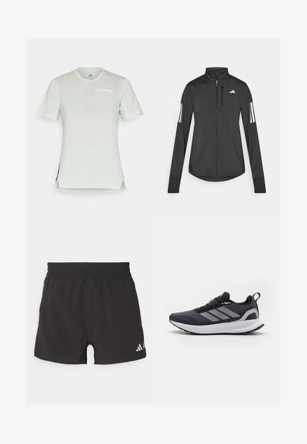 Juodas sportinis švarkas, pagamintas iš lengvos medžiagos. Yra priekinis užtrauktukas, aukšta apykaklė ir trys baltos juostos kiekviename rankovėje.; Šviesiai mėtų žalios spalvos trumpų rankovių sportinė marškinėliai su kvėpuojančiais tinkliniais akcentais, TERREX logotipas baltu, apvaliu kaklu, šoninėmis išpjovomis ir švelnia tekstūra.; Juodi sportiniai šortai, pagaminti iš lengvos medžiagos. Turi elastingą juosmenį, šoninį užtrauktuką kišenę ir atspindinčią logotipą ant apatinio krašto.; Juodos sportinės bateliai su tinklinio audinio viršumi, balta tarpine, tekstūruotu guminiu padu ir trimis pilkomis juostelėmis šone. Yra raišteliai ir kilpa.