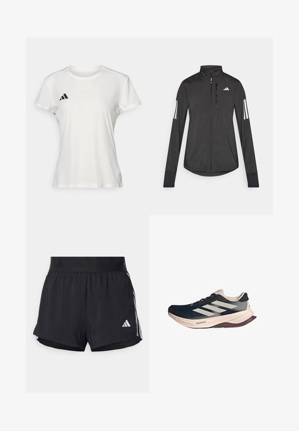 Chaqueta deportiva negra hecha de material ligero. Cuenta con una cremallera frontal, un cuello alto y tres franjas blancas en cada manga.; Camiseta deportiva blanca hecha de tejido que absorbe la humedad. Mangas cortas, cuello redondo, presenta un logo negro y un emblema de tres rayas en el lado izquierdo del pecho.; Pantalones cortos deportivos negros con una cintura elástica, que presentan una banda texturizada, rayas laterales y un logo blanco de Adidas en el dobladillo inferior.; Zapatilla de running con una parte superior de malla azul oscura, suela beige claro y diseño de tres rayas blancas. Presenta una forma elegante y aerodinámica, y detalles texturizados.