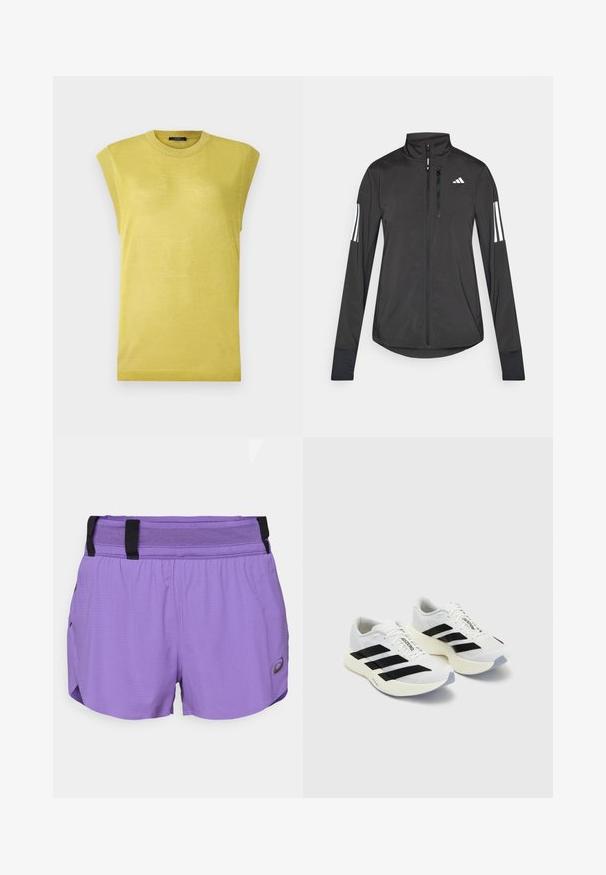 Melnā sporta jaka, izgatavota no viegla materiāla. Tajā ir priekšējais rāvējslēdzis, augsta apkakle un trīs baltas svītras katrā piedurknē.; Bez piedurknēm dzeltena adīta blūze ar apaļu kakla izgriezumu, ar nedaudz teksturētu audumu un ribu akcentiem uz plecu malām.; ASICS METARUN SPLIT SHORT - Sporta šorti - edo purple; Baltas sporta apavi ar melniem svītrainiem un zīmolu, ar sietveida augšdaļu, apaļu purngalu un biezu krēmkrāsas zoli, kas nodrošina amortizāciju.