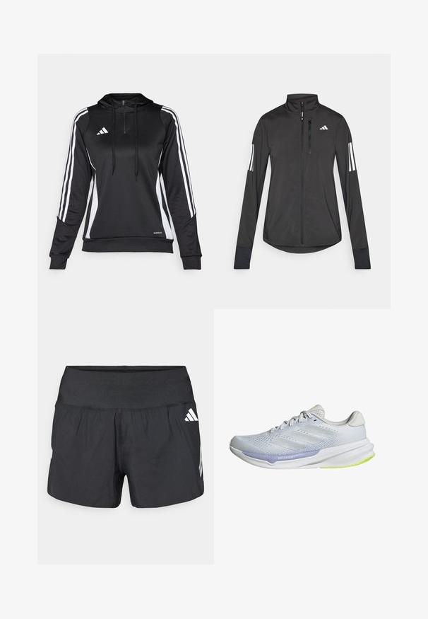 Czarna sportowa kurtka wykonana z lekkiego materiału. Posiada zamek błyskawiczny z przodu, wysoki kołnierz oraz trzy białe paski na każdym rękawie.; Czarny sportowy polar z półzamkiem, kapturem i białymi paskami po bokach. Wykonany z gładkiego, lekkiego materiału, o dopasowanym kroju i regulowanym sznurkiem.; Czarne spodenki sportowe z szerokim elastycznym pasem, lekkim materiałem i białymi akcentami logo na dolnej stronie.; Białe buty sportowe z oddychającą siateczką, teksturowanym wzorem i lawendowym akcentem. Mają miękką podeszwę z zielonymi detalami na podeszwie.