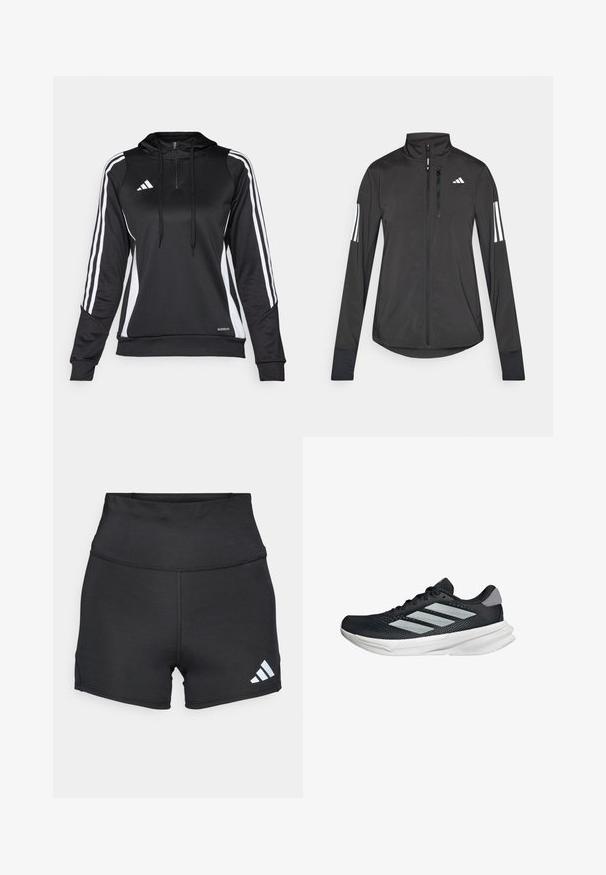 Čierna športová bunda vyrobená z ľahkého materiálu. Má zips vpredu, vysoký golier a tri biele pruhy na každom rukáve.; Čierny športový pulóver s polovičným zipsom, kapucňou a bielymi bočnými pruhmi. Vyrobený z hladkého, ľahkého materiálu s priliehavým strihom a nastaviteľnými šnúrkami.; adidas Performance Legíny - black; Čierna behacia obuv s vrchnou časťou z priedušného materiálu, tromi striebornými pruhmi, bielou medzipodrážkou a textúrovanou podrážkou. Obsahuje polstrovaný golier a uzatváranie na šnúrky.