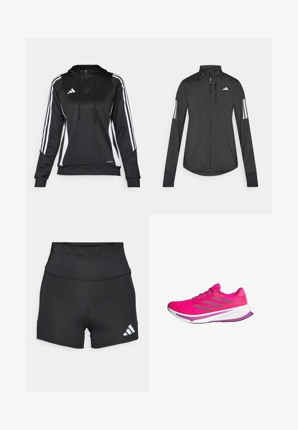 Čierna športová bunda vyrobená z ľahkého materiálu. Má zips vpredu, vysoký golier a tri biele pruhy na každom rukáve.; Čierny športový pulóver s polovičným zipsom, kapucňou a bielymi bočnými pruhmi. Vyrobený z hladkého, ľahkého materiálu s priliehavým strihom a nastaviteľnými šnúrkami.; adidas Performance Legíny - black; Ružové bežecké topánky s priehľadným zvrškom, bielou medzipodrážkou a fialovými akcentmi. Tri šedé pruhy po boku a zakrivený dizajn podrážky.