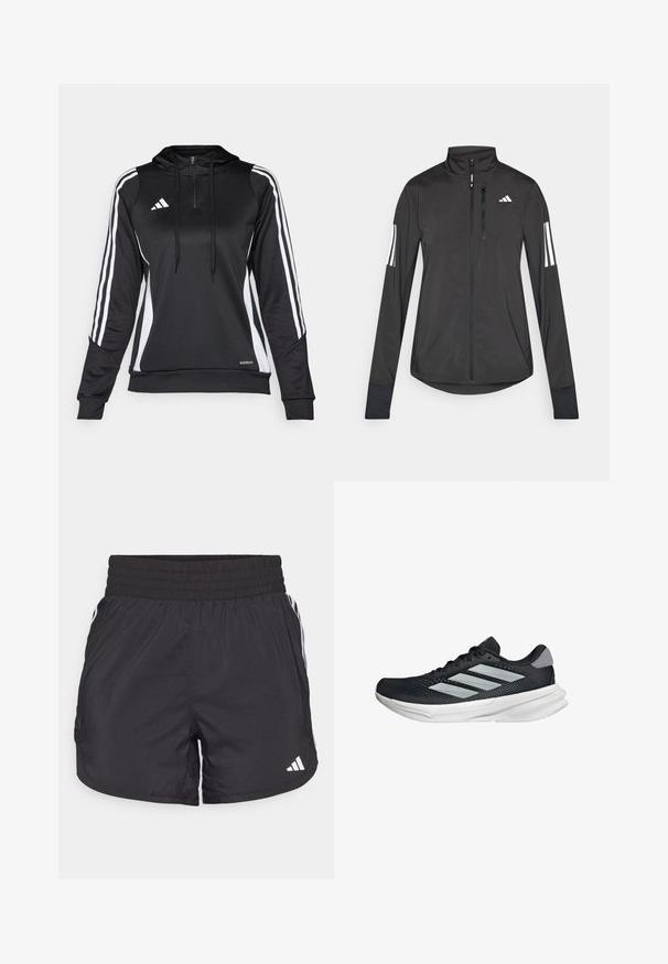 Crni sportski jakna napravljena od laganog materijala. Ima prednji zatvarač, visoki ovratnik i tri bijele pruge na svakoj rukavu.; Crni sportski pulover s polu-zipom, kapuljačom i bijelim bočnim trakama. Izrađen od glatkog, laganog materijala s prilagođenim krojem i podesivim vezicama.; Crne atletske kratke hlače s elastičnom trakom u struku, bočnim džepovima i bijelim prugama sa strane. Izrađene su od laganog materijala.; Crne trkačke tenisice s mrežastim gornjim dijelom, tri srebrne pruge, bijeli srednji sloj i teksturirani potplat. Sadrži podstavljeni ovratnik i zatvaranje s vezicama.