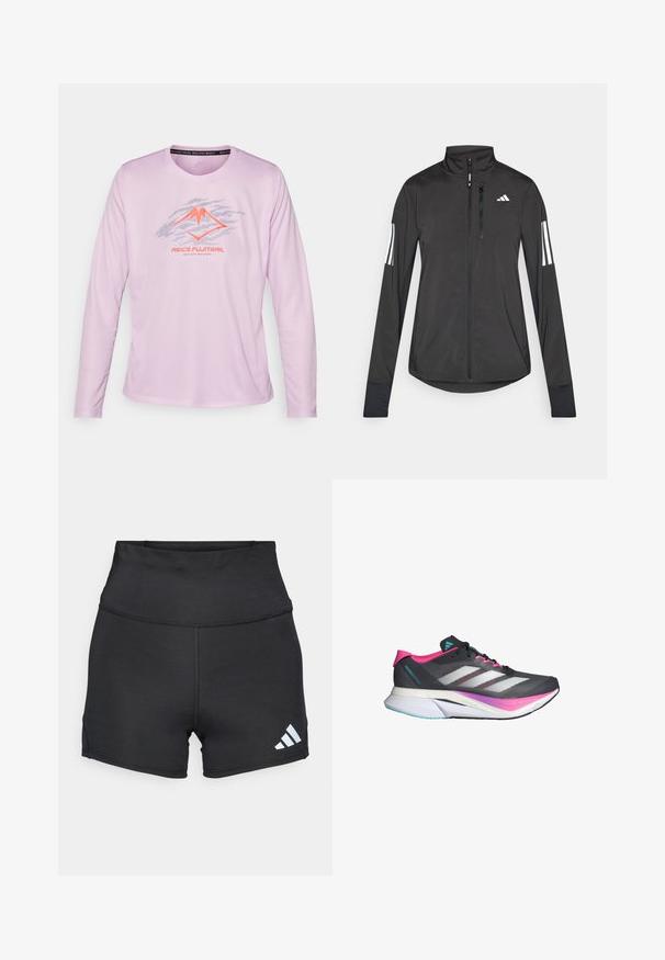 Svart treningsjakke laget av lett materiale. Har glidelås foran, høy krage og tre hvite striper på hver erme.; Langermet treningstrøye i lys rosa, med et fjellmotiv i sølv og oransje. Stoffet har en glatt tekstur og rund hals.; adidas Performance Tights - black; Løpesko med grå mesh-overdel, rosa detaljer og hvite striper. Har en dempet såle og en elegant, aerodynamisk design.