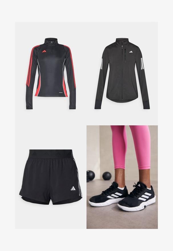 Jachetă sport neagră din material ușor. Are un fermoar frontal, guler înalt și trei dungi albe pe fiecare manșon.; Tricou sport cu mâneci lungi de culoare neagră, cu dungi roșii pe lateral, guler cu fermoar la jumătate și accente albe. Eticheta "AEROREADY" la tiv.; Shorts de atletism negri cu un brâu elastic, având o bandă texturată, dungi laterale și un logo alb Adidas pe tivul de jos.; Adidași negri cu dungi albe, suprafață din plasă texturată și talpă albă. Purtați cu colanți roz, evidențiind îmbrăcămintea sport.