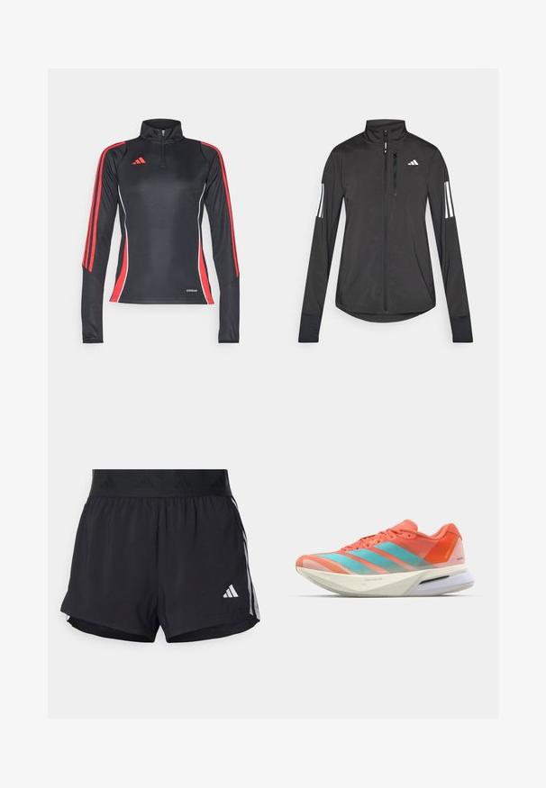 Črna športna jakna iz lahkega materiala. Ima sprednji zadrgo, visok ovratnik in tri bele črte na vsaki rokavi.; Črna športna majica z dolgimi rokavi z rdečimi stranskimi črtami, ovratnikom na zadrgo do polovice in belimi detajli. Oznaka "AEROREADY" na robu.; Črne atletske kratke hlače z elastičnim pasom, ki vsebuje teksturirano obrobo, stranske črte in belo Adidasovo logotip na spodnjem robu.; Tenisice za trčanje s prozračnom mrežicom u koraljno crvenoj i akvamarinskoj boji, s tri pruge, udobnim đonom i elegantnim dizajnom.