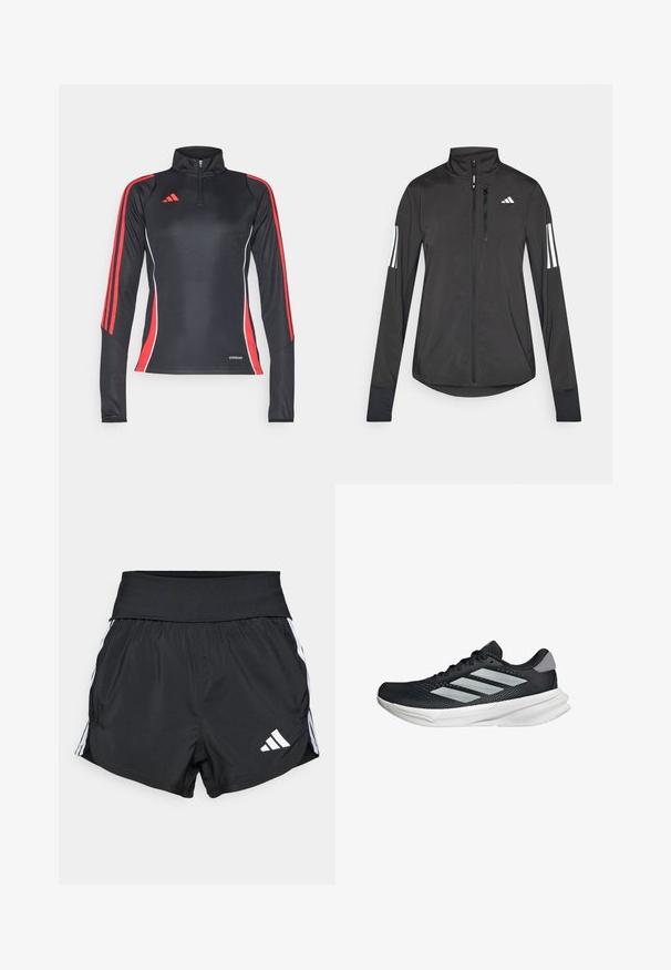 Chaqueta deportiva negra hecha de material ligero. Cuenta con una cremallera frontal, un cuello alto y tres franjas blancas en cada manga.; Camiseta atlética negra de manga larga con franjas laterales rojas, cuello con media cremallera y detalles en blanco. Etiqueta "AEROREADY" en el dobladillo.; Shorts atléticos negros fabricados con material ligero, con una cinturilla ancha, rayas blancas en los laterales y un pequeño logotipo blanco en el dobladillo inferior.; Zapatilla de correr negra con parte superior de malla, tres franjas plateadas, media suela blanca y suela texturizada. Incluye un cuello acolchado y cierre de cordones.