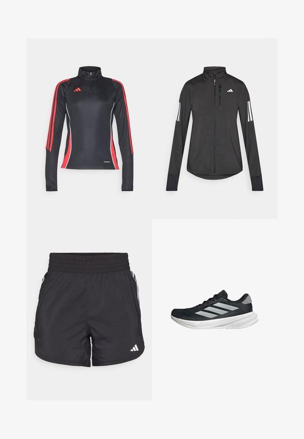 Black athletic jacket made of lightweight material. Features a front zipper, high collar, and three white stripes on each sleeve.; Black long-sleeve athletic top with red side stripes, half-zip collar, and white accents. "AEROREADY" label at the hem.; Black athletic shorts with an elastic waistband, side pockets, and white stripe accents on the sides. Made of lightweight material.; Black running shoe with mesh upper, three silver stripes, white midsole, and textured outsole. Features padded collar and lace closure.