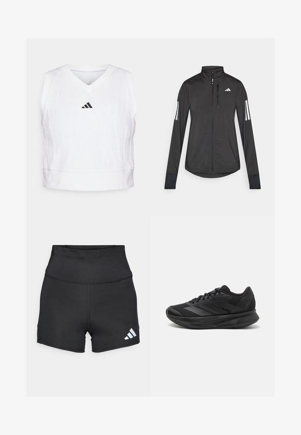 Schwarze Sportjacke aus leichtem Material. Mit einem Frontreißverschluss, hohem Kragen und drei weißen Streifen an jedem Ärmel.; adidas Performance TENNIS PRO AEROREADY CROP - Top - white; adidas Performance Tights - black; Schwarzer Laufschuh mit einem atmungsaktiven Mesh-Obermaterial, runder Zehenpartie, schlankem Design, strukturierten Akzenten und einer gepolsterten Sohle für Komfort.