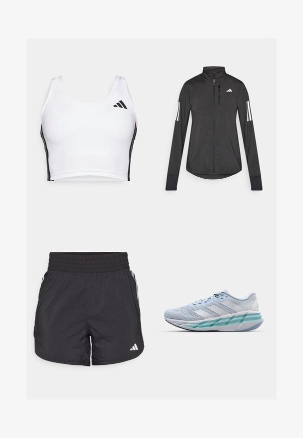Black athletic jacket made of lightweight material. Features a front zipper, high collar, and three white stripes on each sleeve.; White sports crop top made of textured fabric, featuring black side stripes and a black logo on the upper left. Classic design with wide straps.; Black athletic shorts with an elastic waistband, side pockets, and white stripe accents on the sides. Made of lightweight material.; Light blue athletic shoes with a textured knit upper, white accents, and a transparent green midsole. Rounded toe and padded collar.