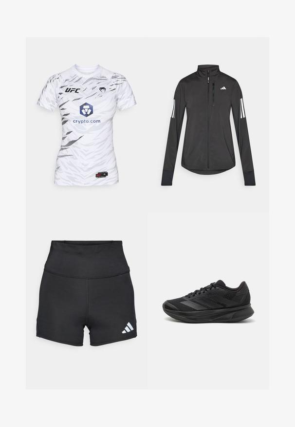Musta urheilutakki, joka on valmistettu kevyestä materiaalista. Ominaisuuksiin kuuluu etuvetoketju, korkea kaulus ja kolme valkoista raitaa joka hihassa.; Valkoinen lyhythihainen urheilupaita, jossa on geometrinen kuvio. Varustettu UFC-logolla, sinisellä heksagoni-grafiikalla, jossa on "crypto.com"-teksti, sekä mustilla yksityiskohdilla.; adidas Performance Trikoot - black; Mustat juoksukengät, joissa on hengittävä verkkoyläosa, pyöreä varvas, sulavalinjainen muotoilu, teksturoidut yksityiskohdat ja pehmustettu pohja mukavuutta varten.