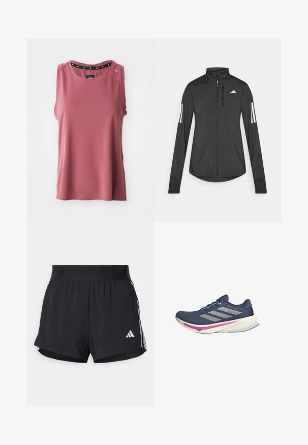 Musta urheilutakki, joka on valmistettu kevyestä materiaalista. Ominaisuuksiin kuuluu etuvetoketju, korkea kaulus ja kolme valkoista raitaa joka hihassa.; Hihaton paita ruusupinkkinä, valmistettu teksturoidusta kankaasta. Ominaisuuksiin kuuluu pyöreä pääntie, jossa musta korostusnauha ja koristepainikkeet olalla.; Mustat urheilushortsit, joissa on joustava vyötärö, jossa on teksturoitu nauha, sivuraidat ja valkoinen Adidas-logo alahelman kohdalla.; Laivaston juoksukenkä, jossa on verkkopäällinen, hopeiset raidat, mintunvihreät yksityiskohdat ja pehmustettu pohja, jossa on vaaleanpunaisia ja teal-vihreitä yksityiskohtia mukavuutta varten.