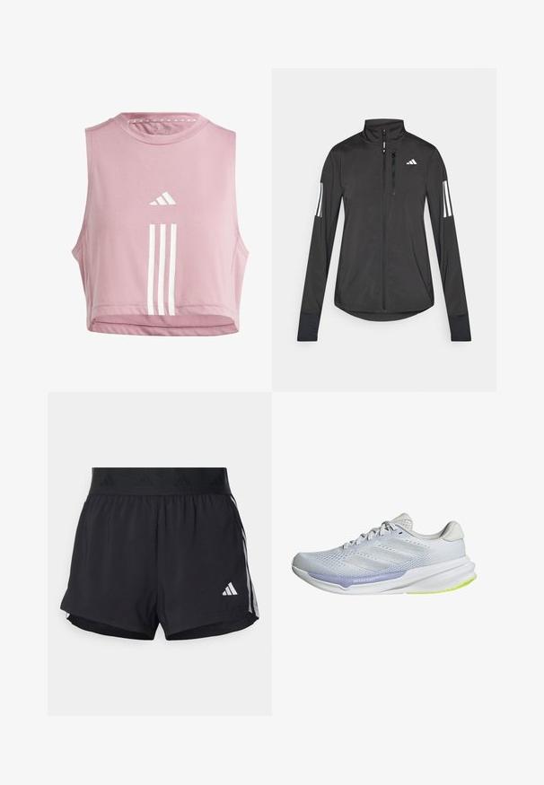 Zwarte sportjack gemaakt van lichtgewicht materiaal. Voorzien van een ritssluiting aan de voorkant, hoge kraag en drie witte strepen op elke mouw.; adidas Performance TRAIN ESSENTIALS TRAIN 3-STRIPES - Top - orchid/white; Zwarte sportshorts met een elastische tailleband, voorzien van een gestructureerde band, zijstrepen en een wit Adidas-logo op de onderrand.; Witte sportschoen met een ademende mesh bovenkant, een gemêleerd ontwerp en lavendelkleurige accenten. Heeft een gevoerde zool met groene details op de buitenzool.