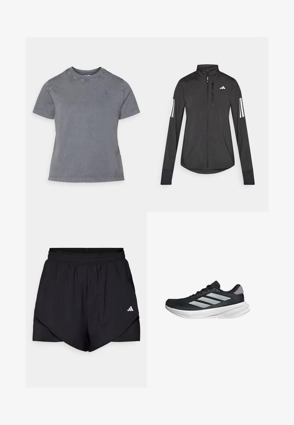 Čierna športová bunda vyrobená z ľahkého materiálu. Má zips vpredu, vysoký golier a tri biele pruhy na každom rukáve.; Sivá bavlnená tričko s okrúhlym výstrihom, krátkymi rukávmi a malou vyšitou logom na hrudi. Mäkká textúra a voľný dizajn.; Čierne športové kraťasy s viacvrstvovým dizajnom, vyrobené z ľahkej tkaniny. Majú elastický pás a malé biele logo na boku.; Čierna behacia obuv s vrchnou časťou z priedušného materiálu, tromi striebornými pruhmi, bielou medzipodrážkou a textúrovanou podrážkou. Obsahuje polstrovaný golier a uzatváranie na šnúrky.