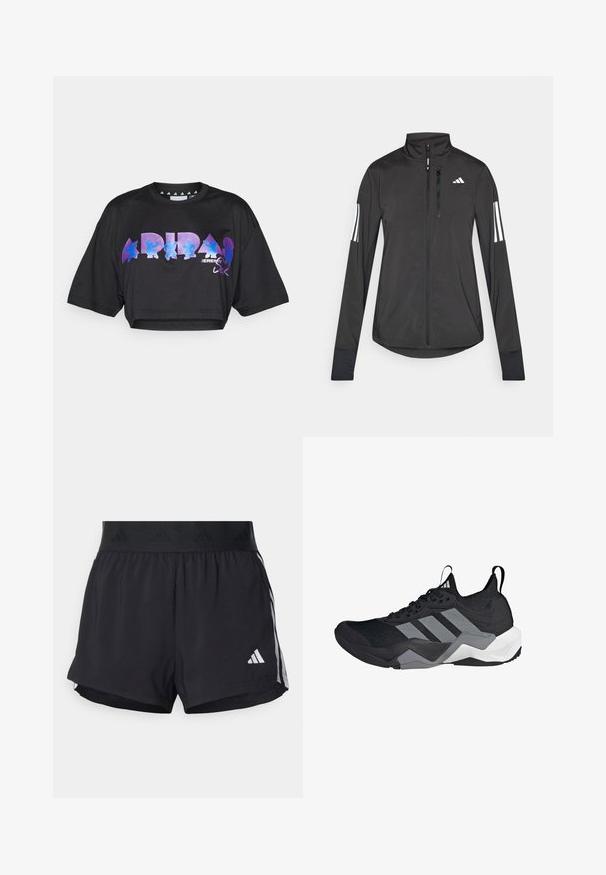 Juodas sportinis švarkas, pagamintas iš lengvos medžiagos. Yra priekinis užtrauktukas, aukšta apykaklė ir trys baltos juostos kiekviename rankovėje.; Juodas trumpas t-shirt iš lengvo audinio, su dideliais purpuriniais ir mėlynais grafikos tekstais bei dizaino elementais priekyje, su trumpomis rankovėmis.; Juodos sportinės šortai su elastinga juosta, su tekstūruota juosta, šoninėmis juostelėmis ir baltu Adidas logotipu apatinėje dalyje.; Juodų sportinių batų dizainas su kvėpuojančiu tinkliniu viršumi, pilkais akcentais, tekstūruotu padu ir trimis išskirtinėmis juostelėmis šone.
