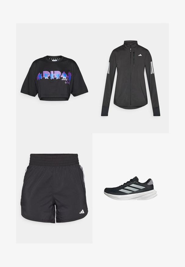 Zwarte sportjack gemaakt van lichtgewicht materiaal. Voorzien van een ritssluiting aan de voorkant, hoge kraag en drie witte strepen op elke mouw.; Zwarte cropped t-shirt van lichtgewicht stof, met grote paarse en blauwe grafische tekst en ontwerpelementen aan de voorkant, met korte mouwen.; Zwarte sportieve shorts met een elastische tailleband, zijzakken en witte streepaccenten aan de zijkanten. Gemaakt van lichtgewicht materiaal.; Zwarte hardloopschoen met een mesh bovenzijde, drie zilveren strepen, witte middenzool en een gestructureerde loopzool. Heeft een gevoerde kraag en een vetersluiting.