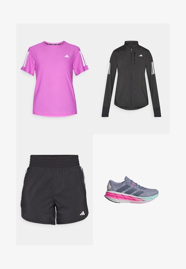 Chaqueta deportiva negra hecha de material ligero. Cuenta con una cremallera frontal, un cuello alto y tres franjas blancas en cada manga.; Camiseta atlética rosa de manga corta, con acentos en blanco de tres franjas y un logo de Adidas, fabricada con un tejido ligero y texturizado.; Pantalones cortos deportivos negros con cintura elástica, bolsillos laterales y detalles de rayas blancas en los lados. Hechos de un material ligero.; Zapatilla deportiva gris con una parte superior de malla transpirable, detalles en rosa y una entresuela ligera con un diseño degradado en tonos azul-verde.