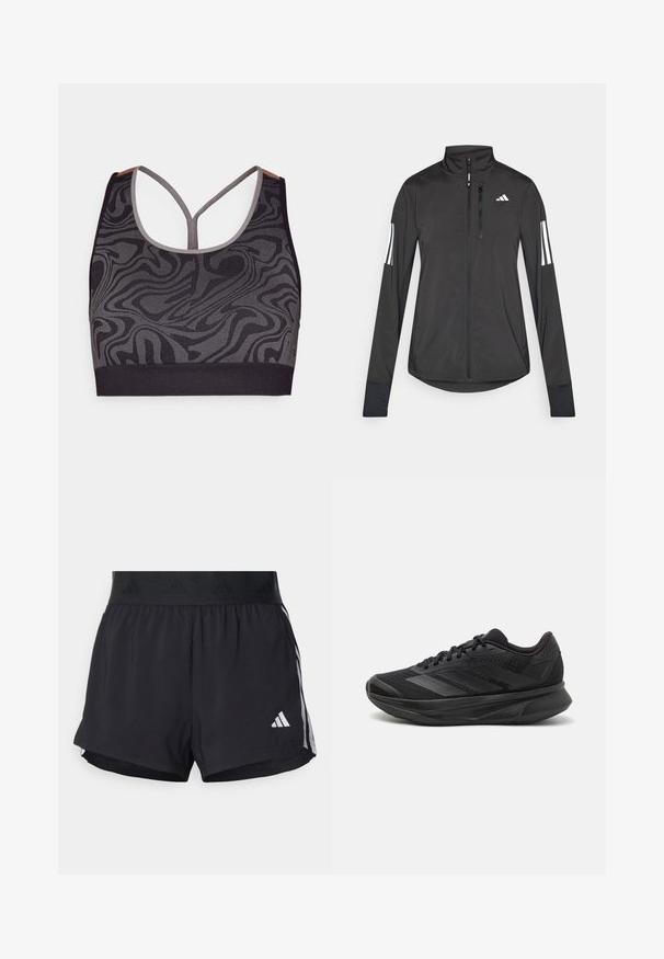 Svart idrottsjacka i lätt material. Har en framzipper, hög krage och tre vita ränder på varje ärm.; Svart sportbh med grå virvlande mönster, med rundad halsringning och racerback-design. Tillverkad av texturerad stickad tyg.; Svarta sportshorts med elastisk midja, som har en texturerad rem, sidostråk och en vit Adidas-logotyp på den nedre fållen.; Svart löparskor med ett andningsbart mesh-övre, rund tå, elegant design, texturerade accenter och en dämpad sula för komfort.