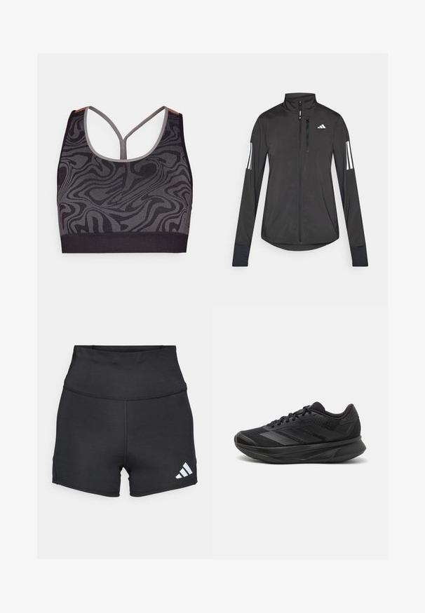Zwarte sportjack gemaakt van lichtgewicht materiaal. Voorzien van een ritssluiting aan de voorkant, hoge kraag en drie witte strepen op elke mouw.; Zwarte sportbeha met een grijs draaiend patroon, met een ronde hals en racerback-ontwerp. Gemaakt van een textuur gebreide stof.; adidas Performance Tights - black; Zwarte hardloopschoen met een ademende mesh bovenkant, ronde neus, slank ontwerp, textuuraccenten en een gevoerde zool voor comfort.