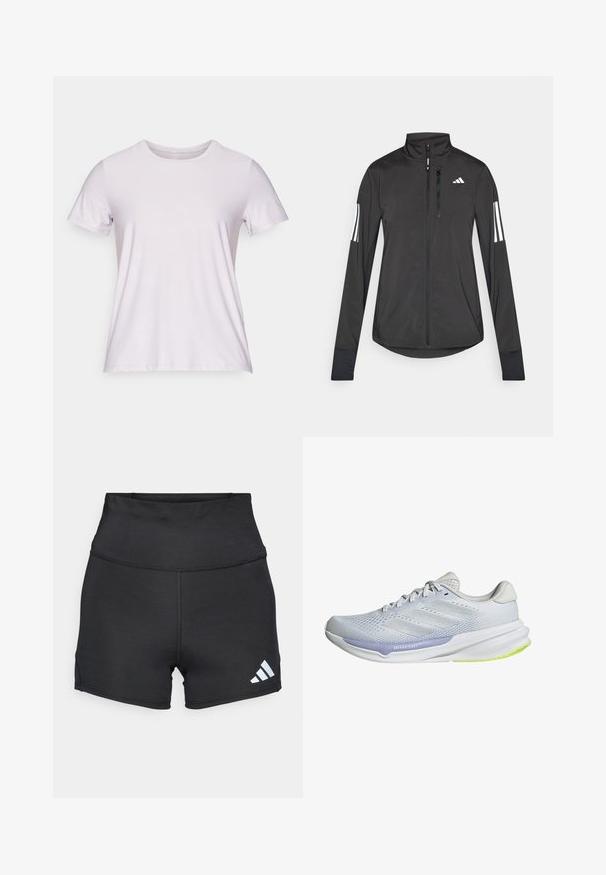 Chaqueta deportiva negra hecha de material ligero. Cuenta con una cremallera frontal, un cuello alto y tres franjas blancas en cada manga.; Camiseta de manga corta y cuello redondo hecha de tela de color púrpura claro con una textura suave y costuras mínimas, adecuada para el uso informal.; adidas Performance Leggings - black; Zapatilla deportiva blanca con parte superior de malla transpirable, diseño texturizado y acentos en lavanda. Presenta una suela acolchada con detalles de suela verde.