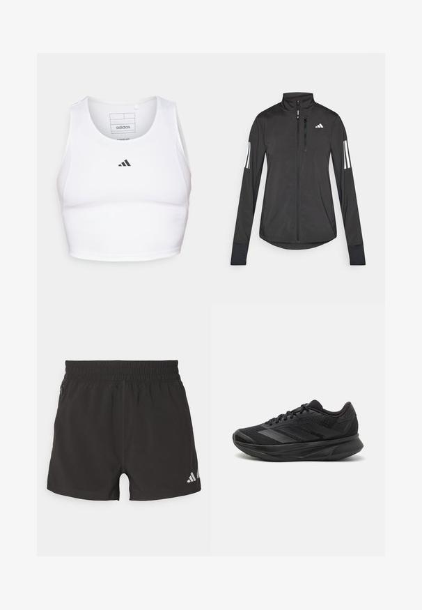 Giacchetto sportivo nero realizzato in materiale leggero. Presenta una chiusura frontale con zip, colletto alto e tre strisce bianche su ciascun manica.; Crop top atletico bianco realizzato in tessuto leggero e traspirante. Presenta pannelli laterali in rete e un logo ricamato nero sul petto.; Shorts atletici neri realizzati in tessuto leggero. Presentano una vita elasticizzata, una tasca con zip laterale e un logo riflettente sull'orlo.; Scarpa da corsa nera con tomaia in rete traspirante, punta rotonda, design elegante, dettagli testurizzati e suola ammortizzata per il comfort.