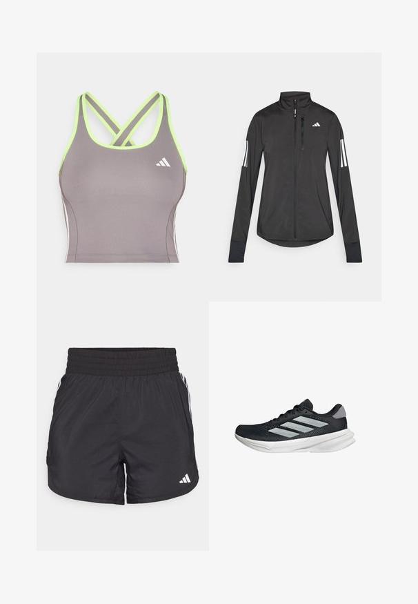 Chaqueta deportiva negra hecha de material ligero. Cuenta con una cremallera frontal, un cuello alto y tres franjas blancas en cada manga.; Camisa de tirantes atlética gris con tirantes lime verdes cruzados, con un logo de Adidas en blanco y un diseño ajustado y elegante. Textura suave.; Pantalones cortos deportivos negros con cintura elástica, bolsillos laterales y detalles de rayas blancas en los lados. Hechos de un material ligero.; Zapatilla de correr negra con parte superior de malla, tres franjas plateadas, media suela blanca y suela texturizada. Incluye un cuello acolchado y cierre de cordones.
