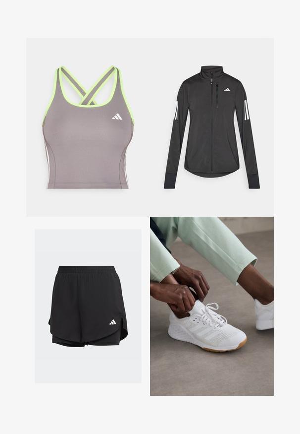 Juodas sportinis švarkas, pagamintas iš lengvos medžiagos. Yra priekinis užtrauktukas, aukšta apykaklė ir trys baltos juostos kiekviename rankovėje.; Pilkas sportinis marškinėlis be rankovių su kryžminėmis žalsvai geltonomis petnešomis, su baltu Adidas logotipu ir elegantišku, prigludusiu dizainu. Lygi tekstūra.; Juodi sportiniai šortai su elastingu juosmeniu, sluoksniuota dizaino, vidiniais prigludusiais šortais ir baltu logotipu apatinėje kairėje pusėje.; Balti sportiniai bateliai su ačinių viršumi, guminėmis padais ir trimis juostelėmis. Šnervės yra koreguojamos; matomi šviesiai pilki ir mėtų žalios spalvos drabužiai.